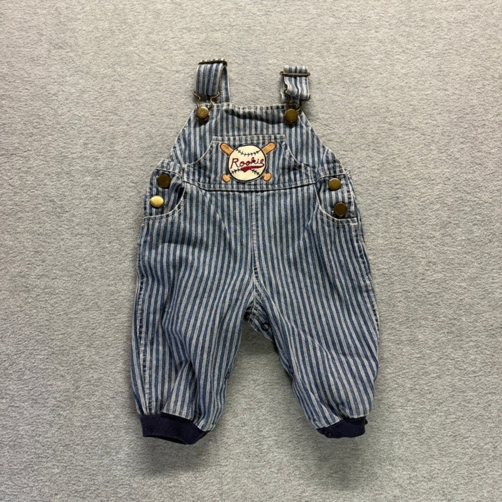 VTG Hickory Stripe Denim Overalls Boys 3/6 Months Rookie Baseball Patch Blue